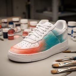 Sneaker bianca con colorazione artistica sfumata sul banco di lavoro