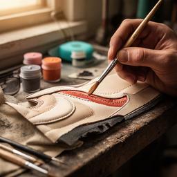 Dettaglio di una sneaker in restauro con pennelli e pigmenti sul banco da lavoro