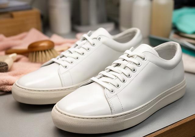 Stan Smith bianche sottoposte a pulizia e ritocco dei bordi in laboratorio