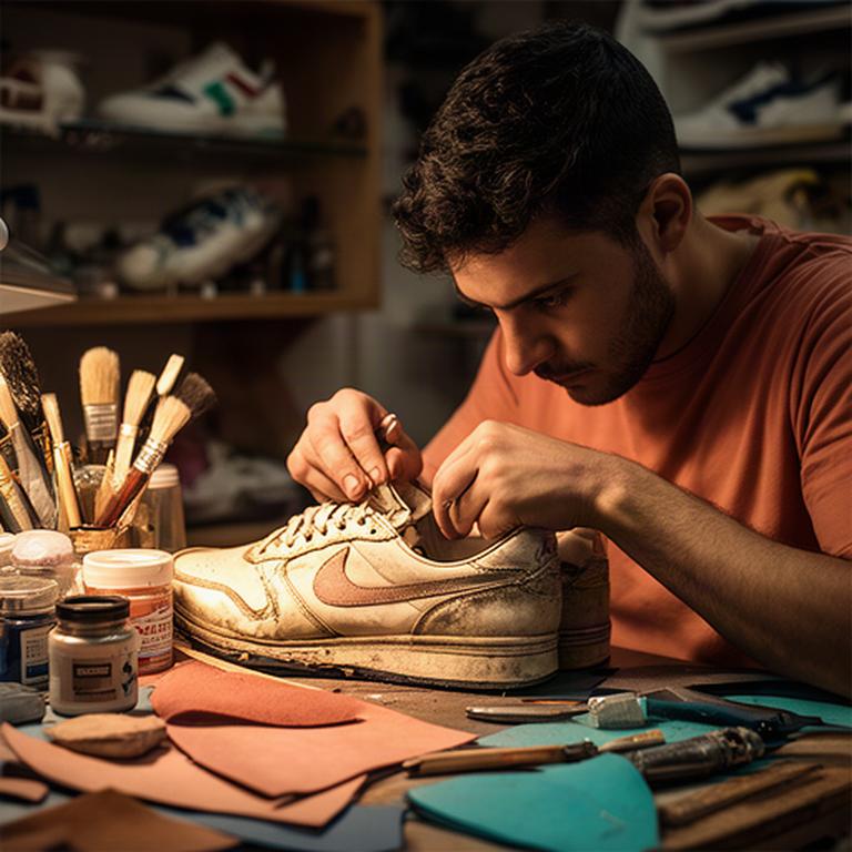 Artigiano al lavoro su una sneaker nel laboratorio caldo e materico di Torre del Greco