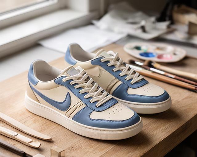 New Balance 550 ridipinte con dettagli color crema e blu su piano artigianale