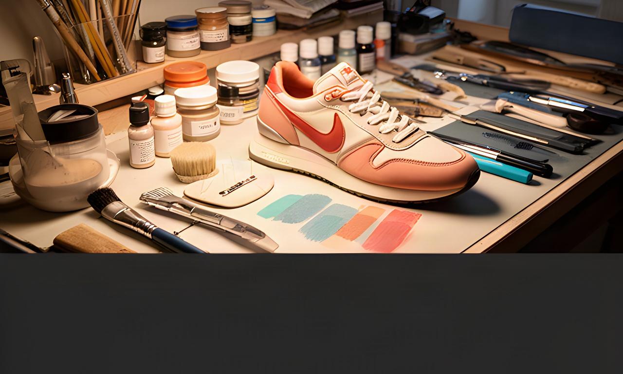 Banco da lavoro artigianale con strumenti, colori e sneaker in fase di restauro
