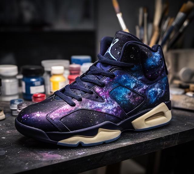 Jordan 1 personalizzate con motivo galassia su tavolo da lavoro