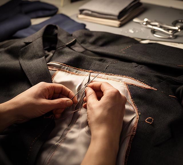 Abito sartoriale scuro durante la riparazione delle cuciture interne